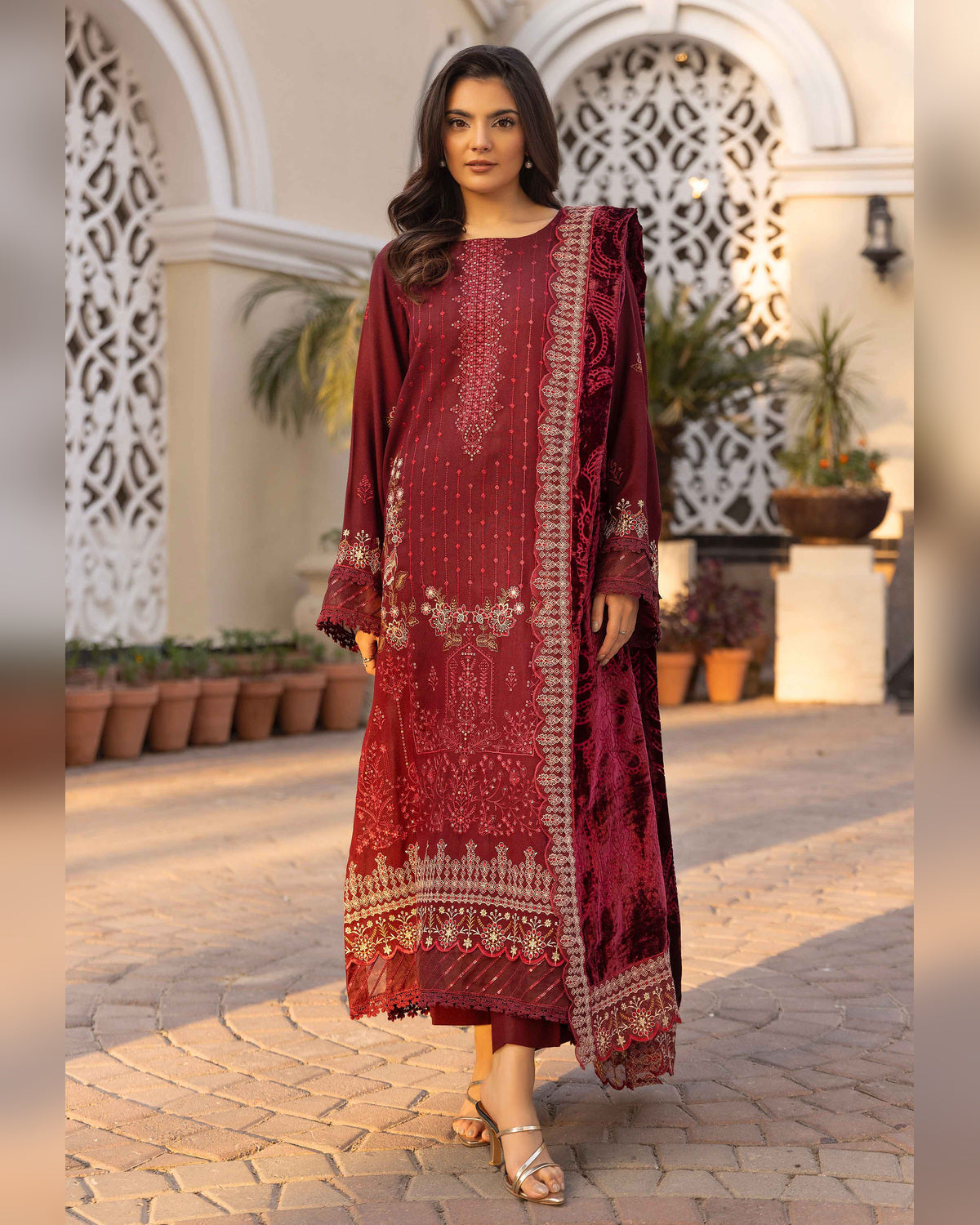 Shaista Gold Full Embroidered Peach 3 Piece Suit with Palachi Dupatta