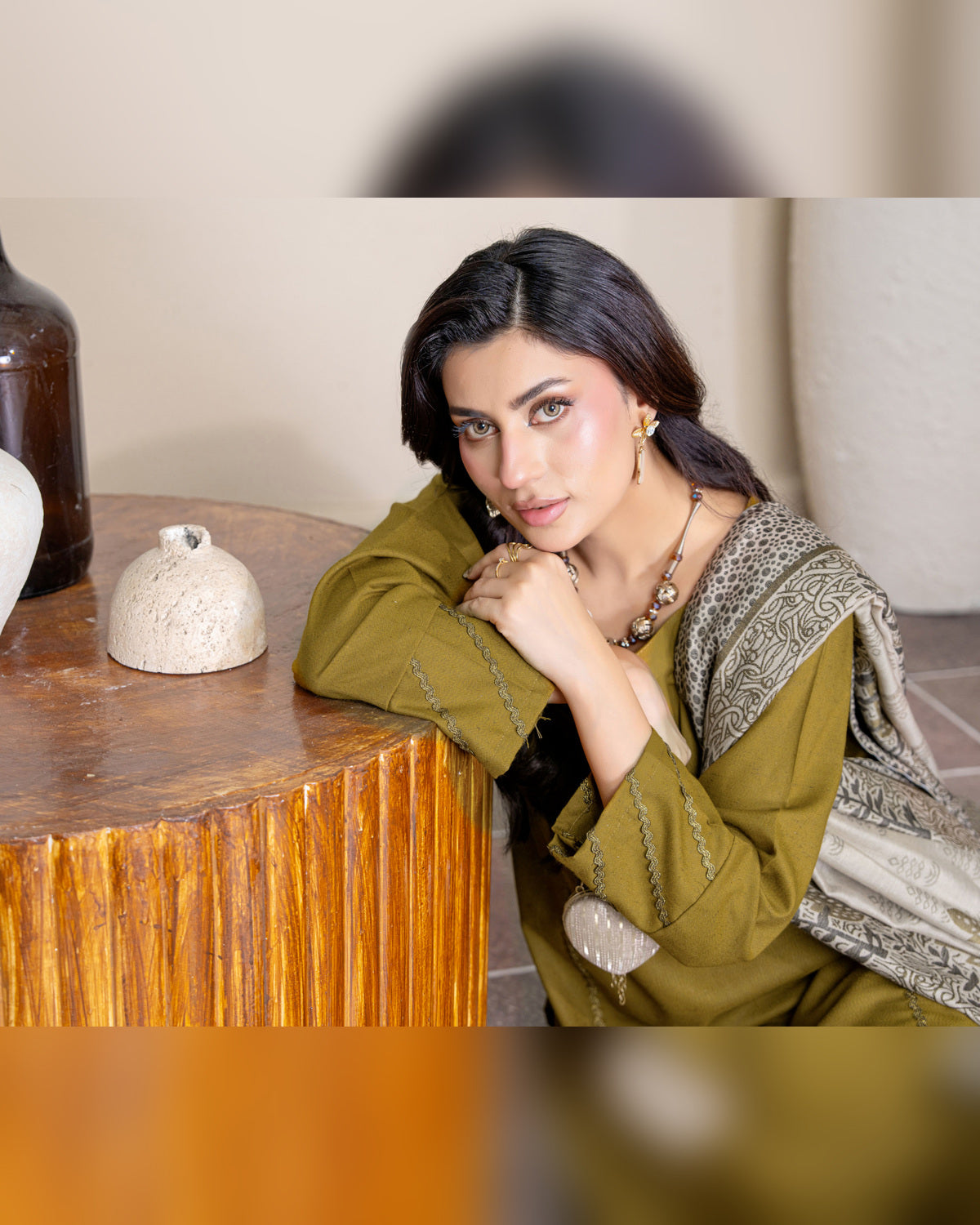 Chinar by Riaz Arts – Luxury Wool Touch Peach 3 Piece Winter Suit with Pashmina Jacquard Shawl