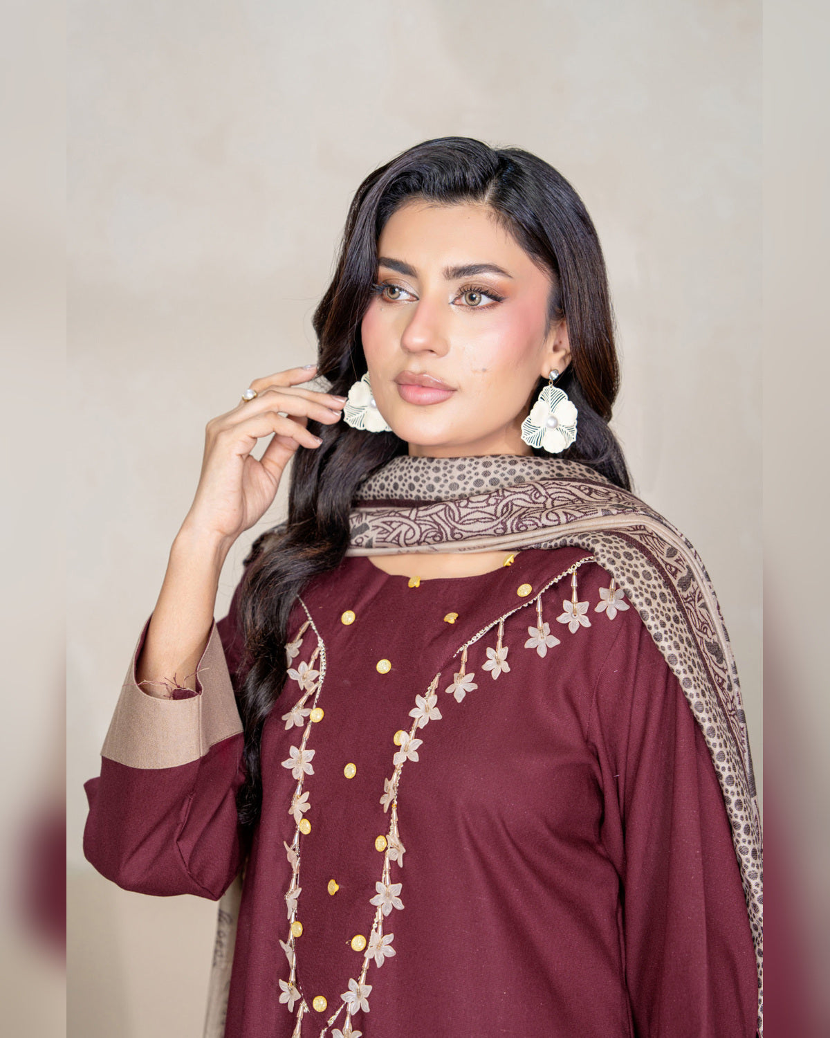 Chinar by Riaz Arts – Luxury Wool Touch Peach 3 Piece Winter Suit with Pashmina Jacquard Shawl