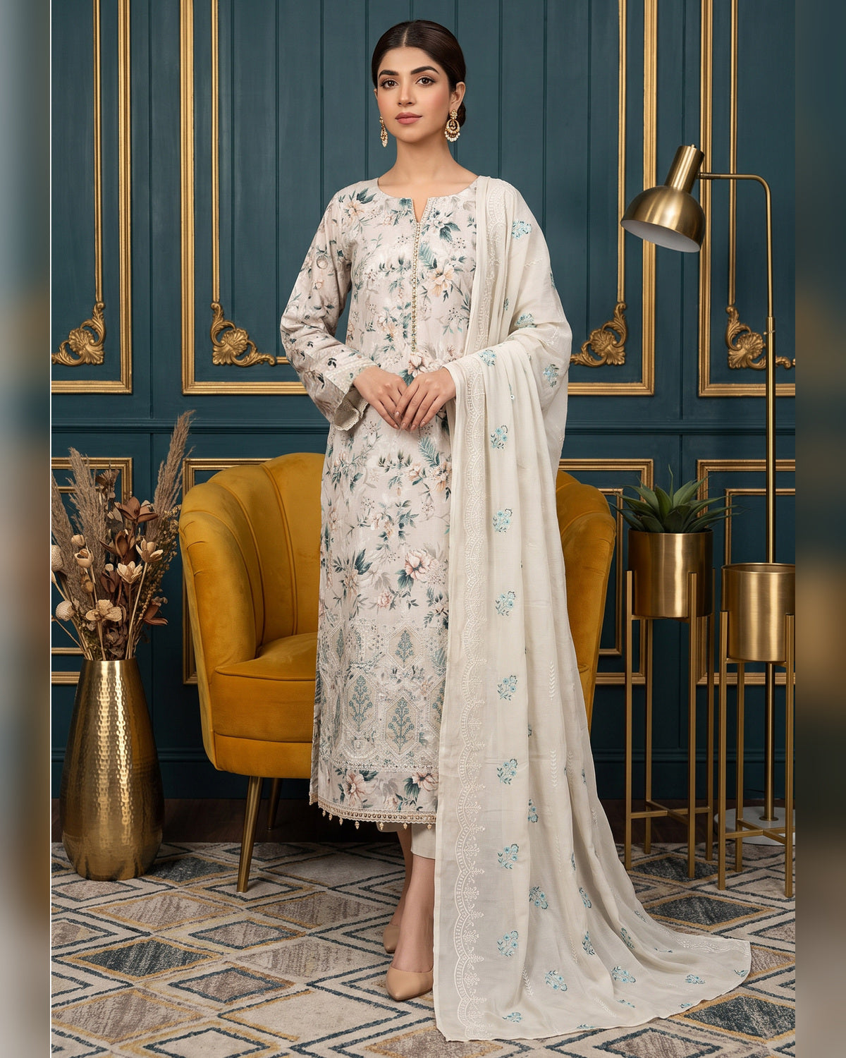 Manizay Dream Slub Bambo Embroidered 3 Piece Suit with Chiffon Dupatta