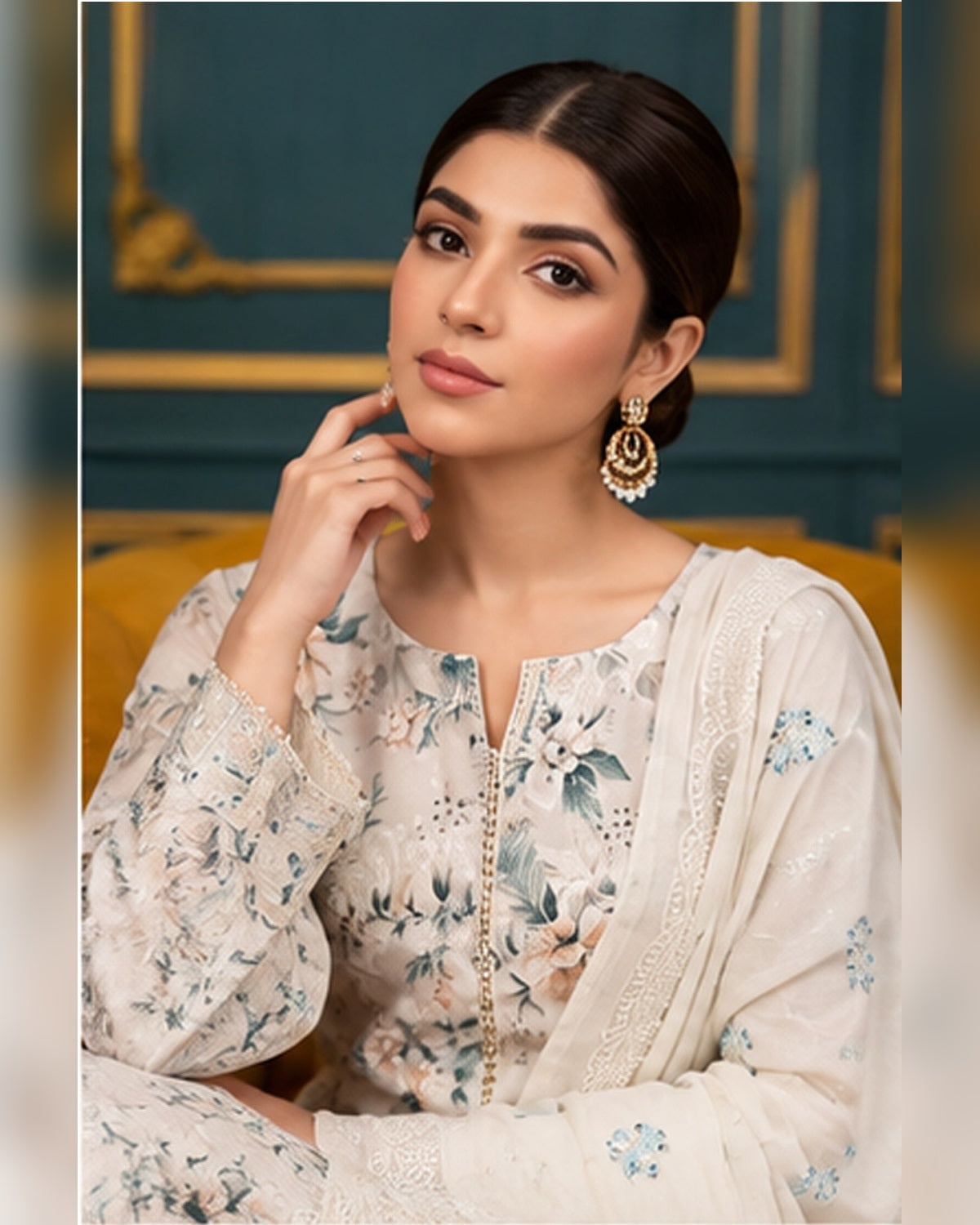 Manizay Dream Slub Bambo Embroidered 3 Piece Suit with Chiffon Dupatta