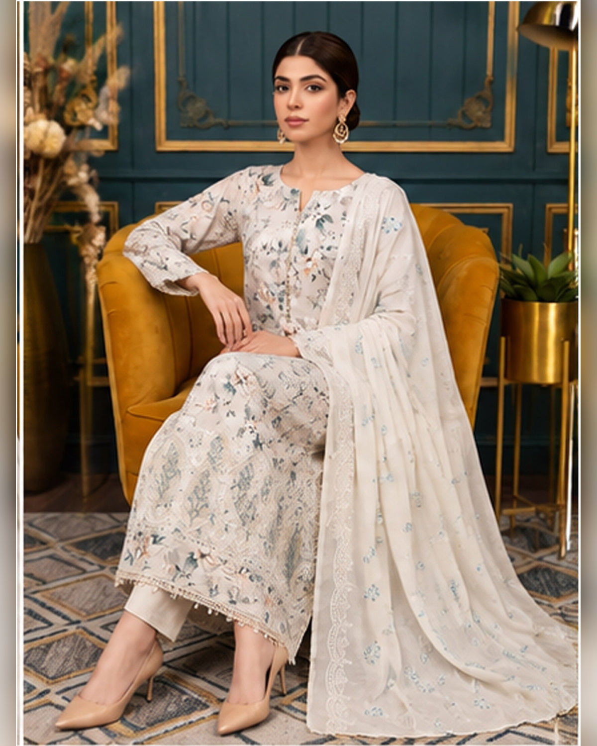Manizay Dream Slub Bambo Embroidered 3 Piece Suit with Chiffon Dupatta