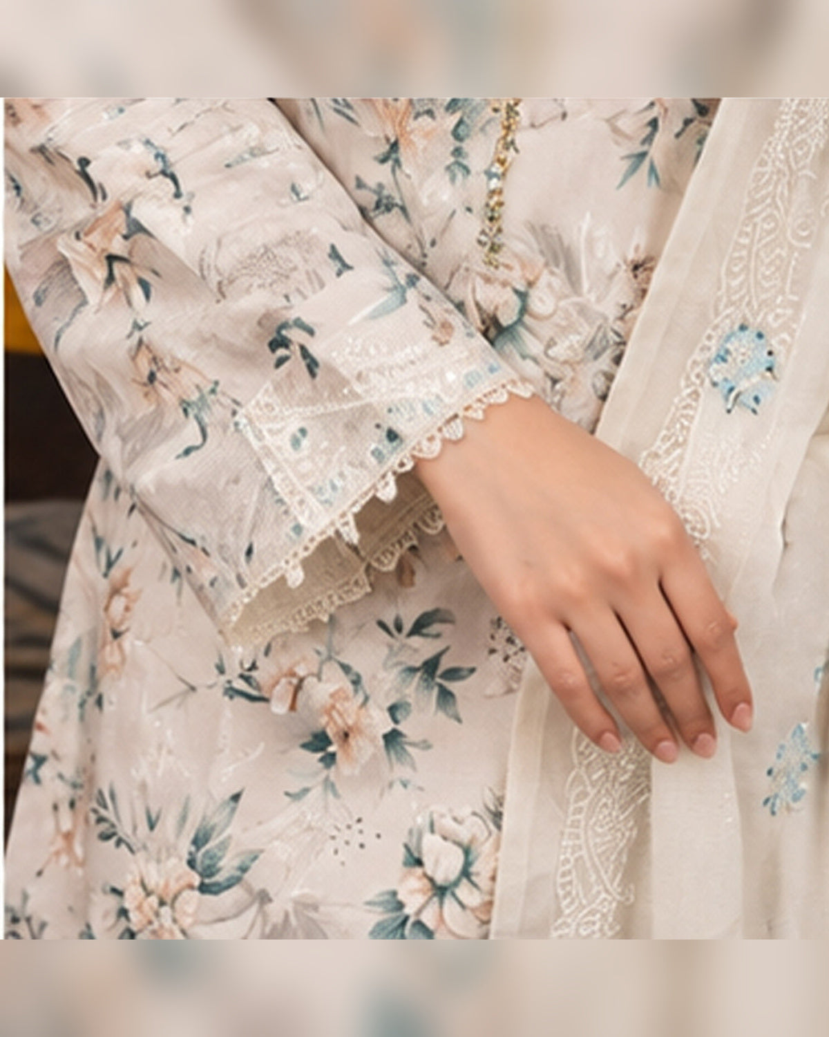 Manizay Dream Slub Bambo Embroidered 3 Piece Suit with Chiffon Dupatta
