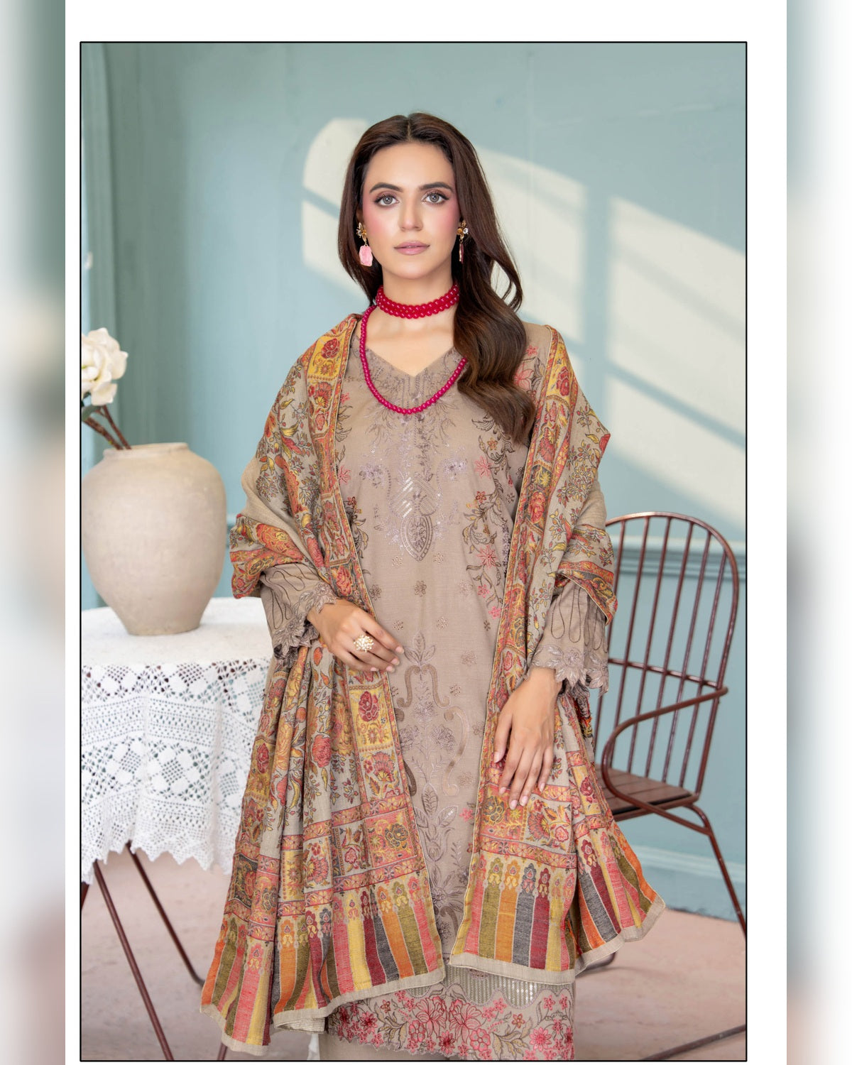 Mahgul Vol. 2 by Riaz Arts – Luxury Embroidered Tensil Peach Leather 3 Piece Winter Suit with Kani Wool Shawl