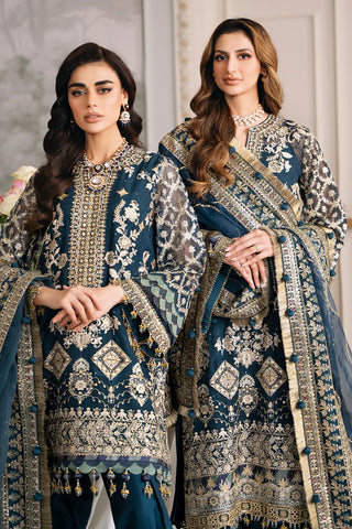 Embroidered Chiffon 13-Piece Unstitched Suit With Handwork Neckline, Organza & Digital Printed Silk Borders, Embroidered Organza Dupatta & Dyed Silk Trousers