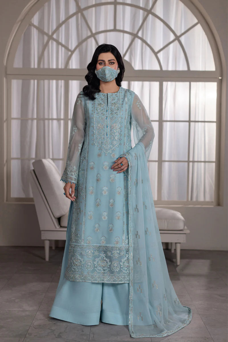 Embroidered Chiffon 3-Piece Suit with Organza Border & Chiffon Dupatta