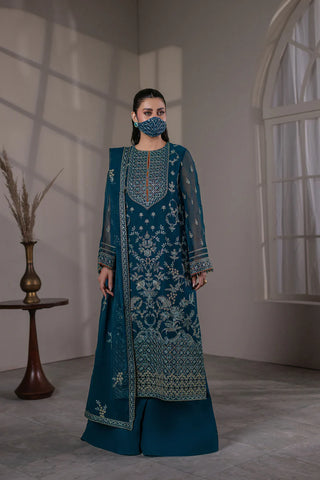 Embroidered Chiffon 3-Piece Suit with Organza Border & Chiffon Dupatta