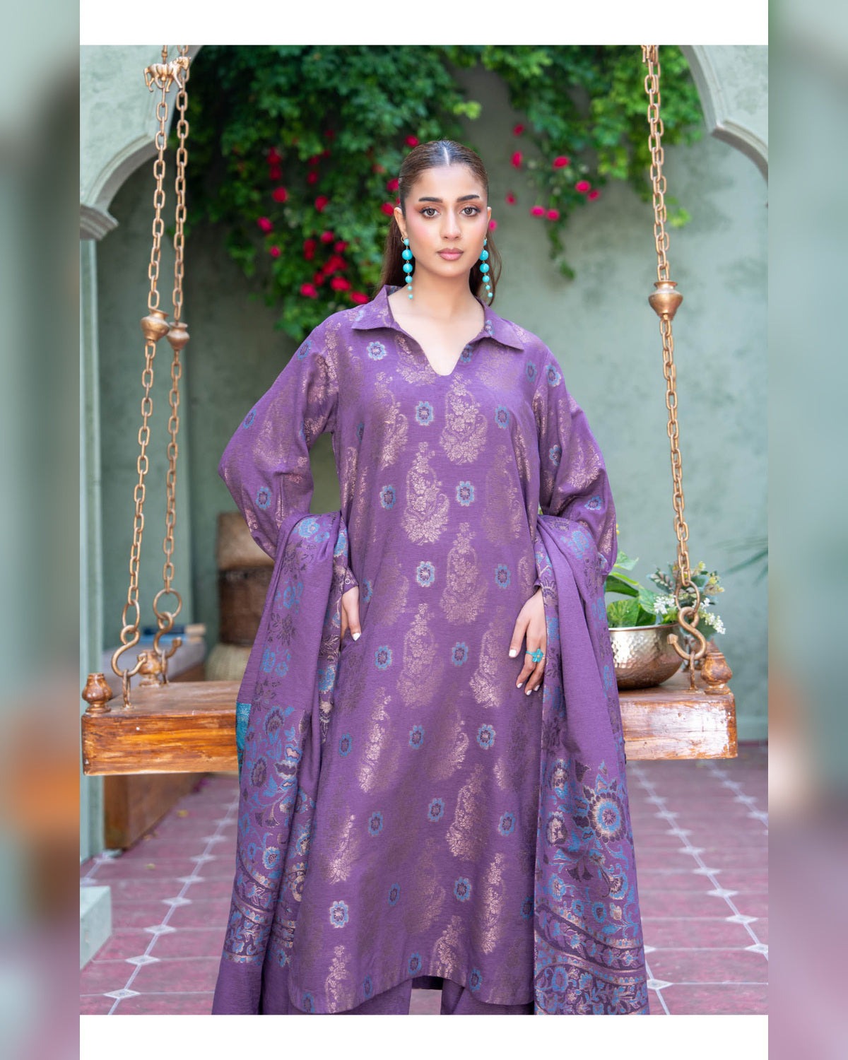 Riaz Arts Kani Micro Velvet Jacquard 3 Piece Suit with Jacquard Shawl