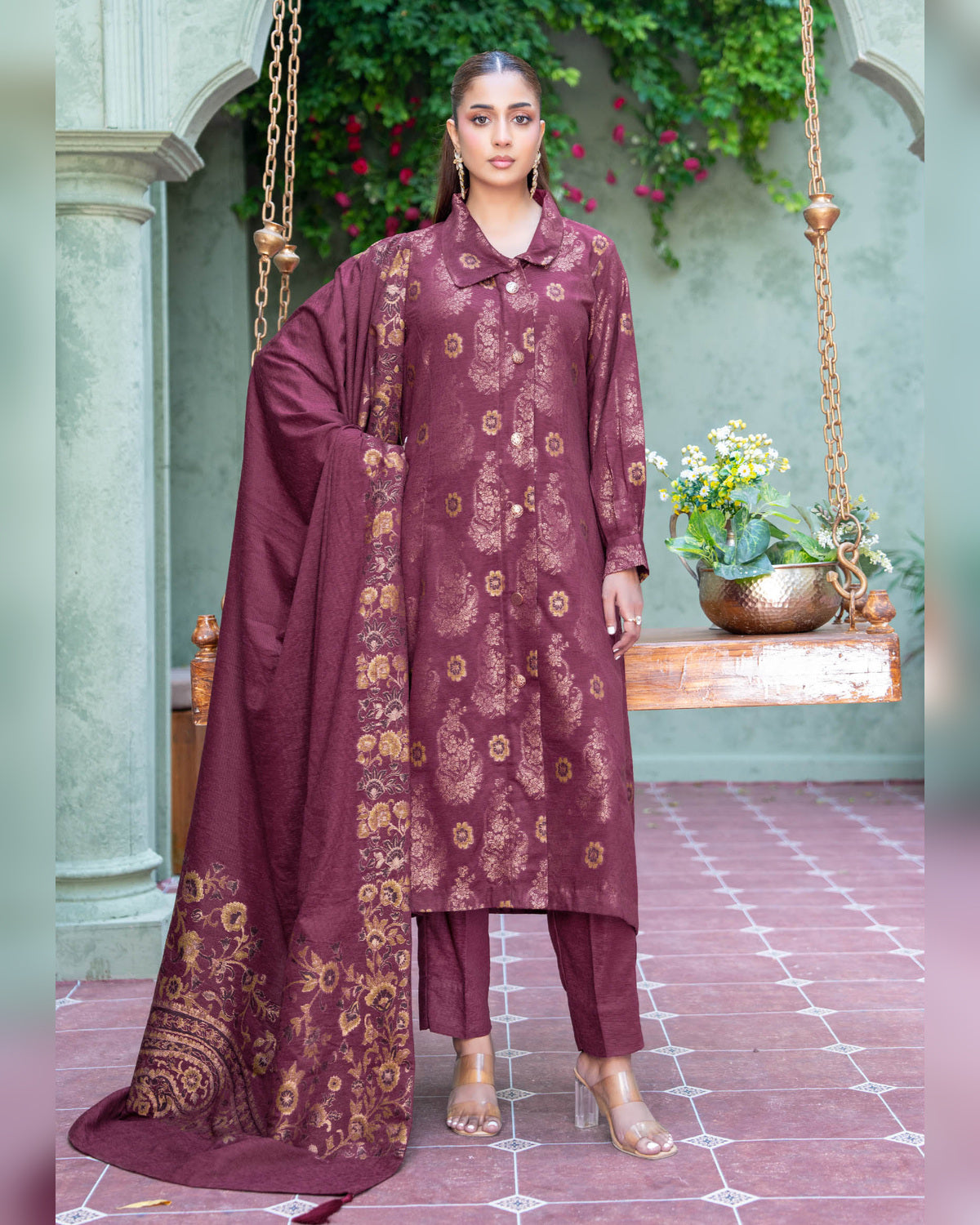Riaz Arts Kani Micro Velvet Jacquard 3 Piece Suit with Jacquard Shawl