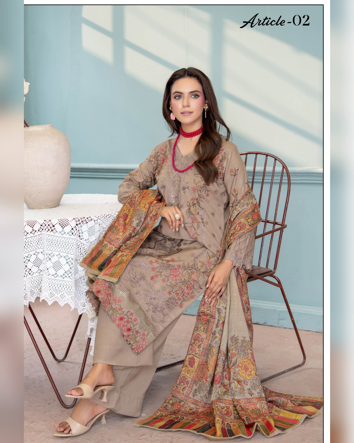 Mahgul Vol. 2 by Riaz Arts – Luxury Embroidered Tensil Peach Leather 3 Piece Winter Suit with Kani Wool Shawl