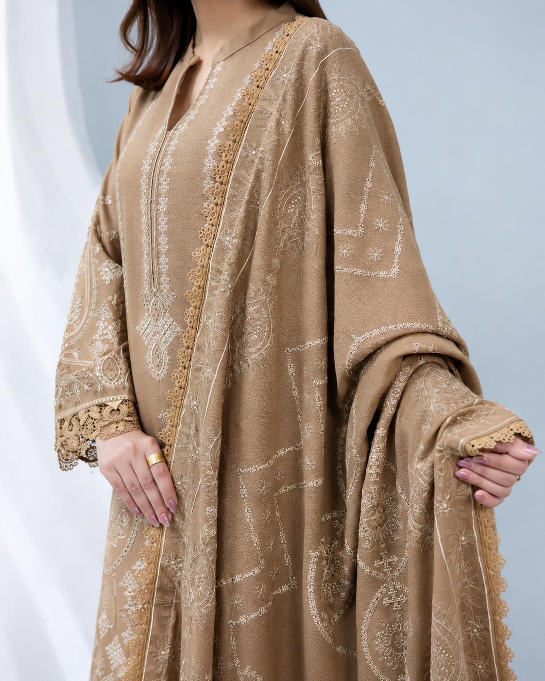 Zarnish by Johra Luxury Embroidered Winter Suit with Embroidered Wool Shawl