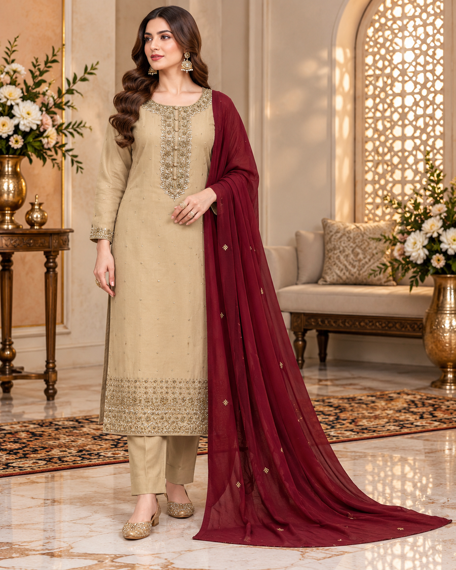 Champagne Beige Handmade Formal Dress with Maroon Dupatta – Ready to Wear