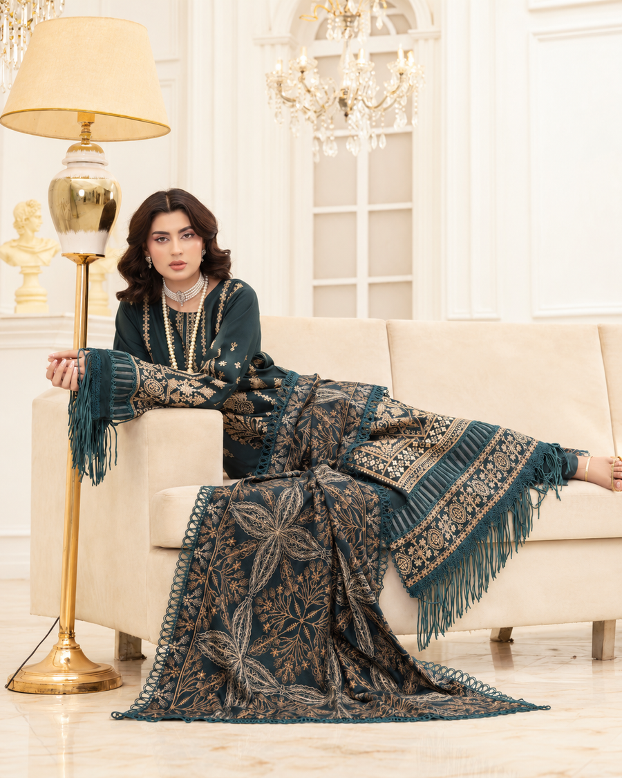 Mahveen by Johra Luxury Winter Embroidered Peach Leather Suit with Wool Shawl
