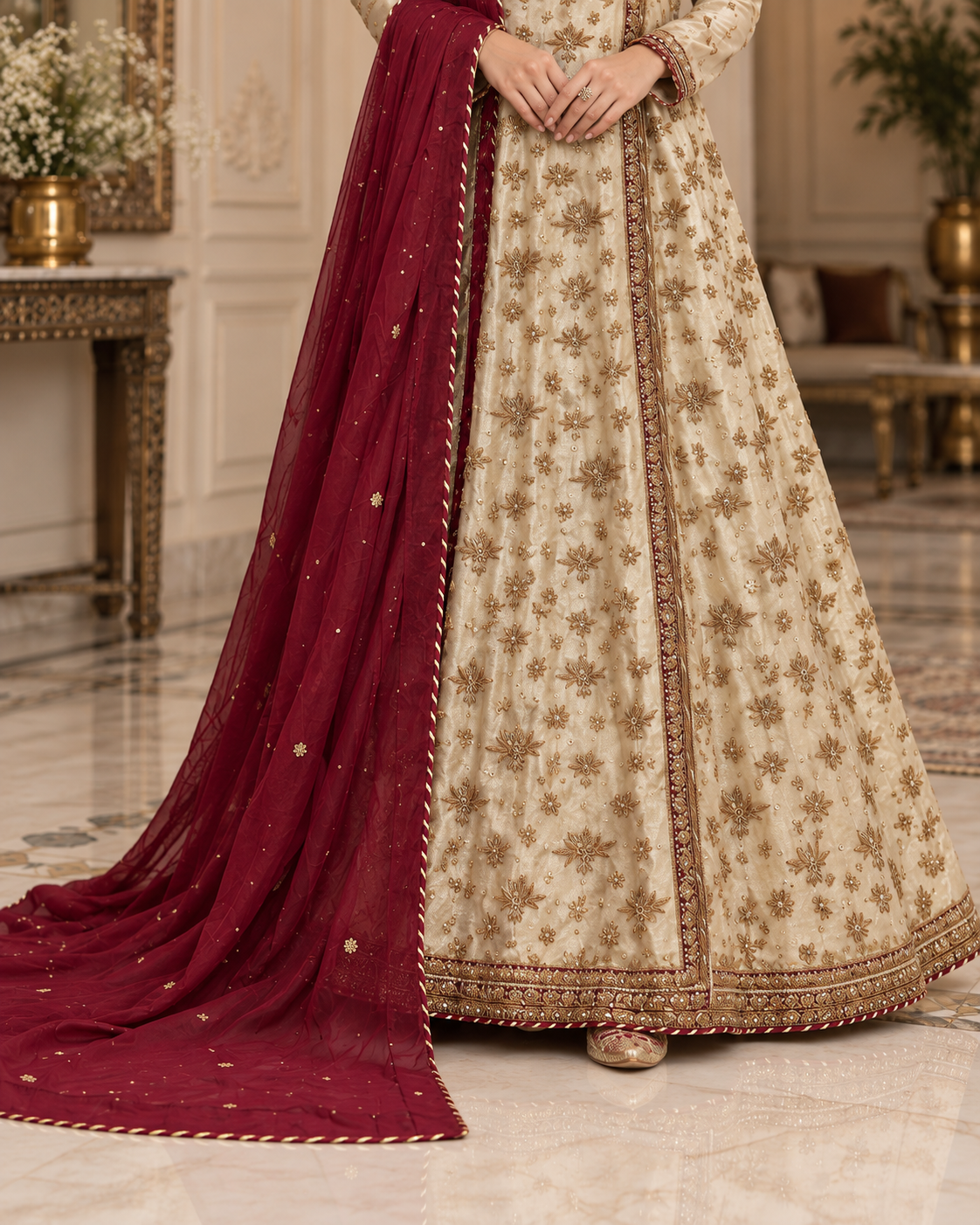 Ivory Gold Handworked Long Frock with Maroon Dupatta – Ready to Wear