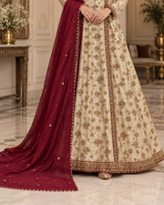 Ivory Gold Handworked Long Frock with Maroon Dupatta – Ready to Wear