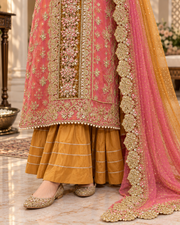Allys Coral Pink Organza Open Shirt with Mustard Gharara