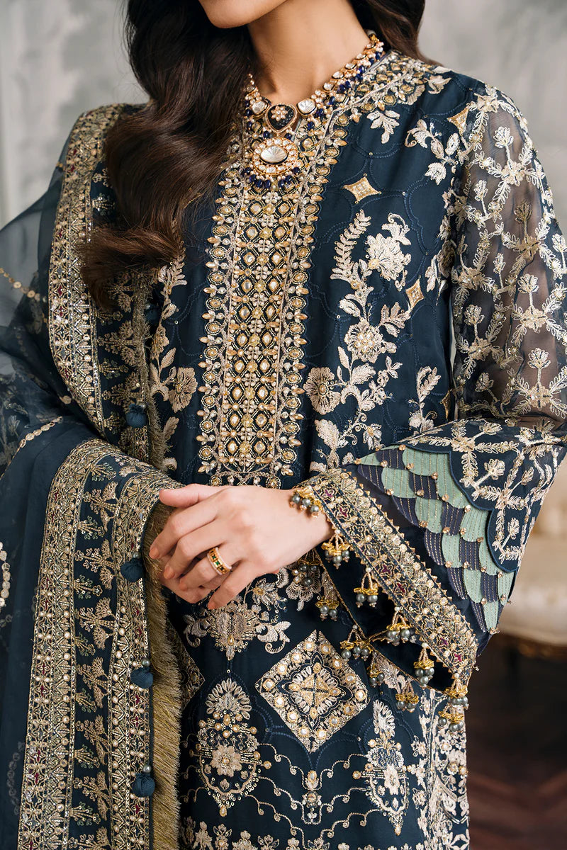 Embroidered Chiffon 13-Piece Unstitched Suit With Handwork Neckline, Organza & Digital Printed Silk Borders, Embroidered Organza Dupatta & Dyed Silk Trousers