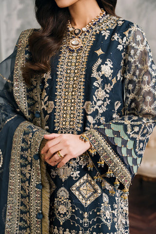 Embroidered Chiffon 13-Piece Unstitched Suit With Handwork Neckline, Organza & Digital Printed Silk Borders, Embroidered Organza Dupatta & Dyed Silk Trousers