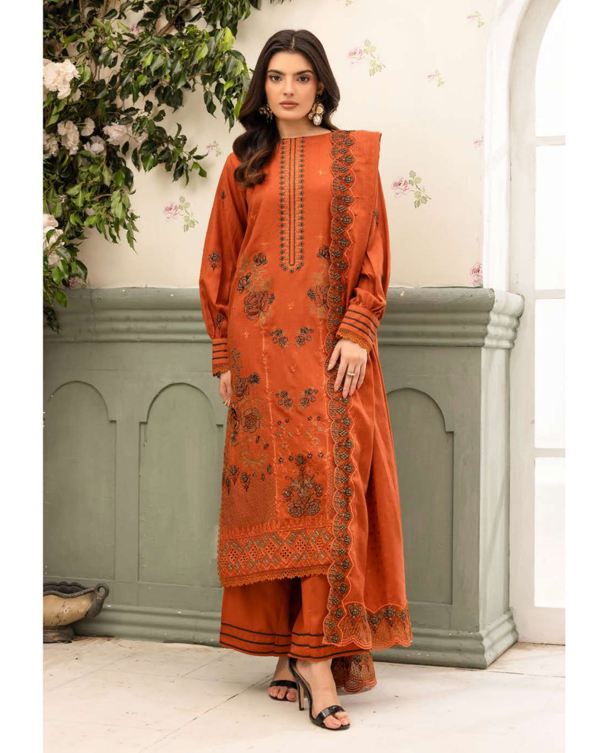 Shaista Festive Sami Peach Embroidered 3 Piece Suit with Full Embroidered Dupatta