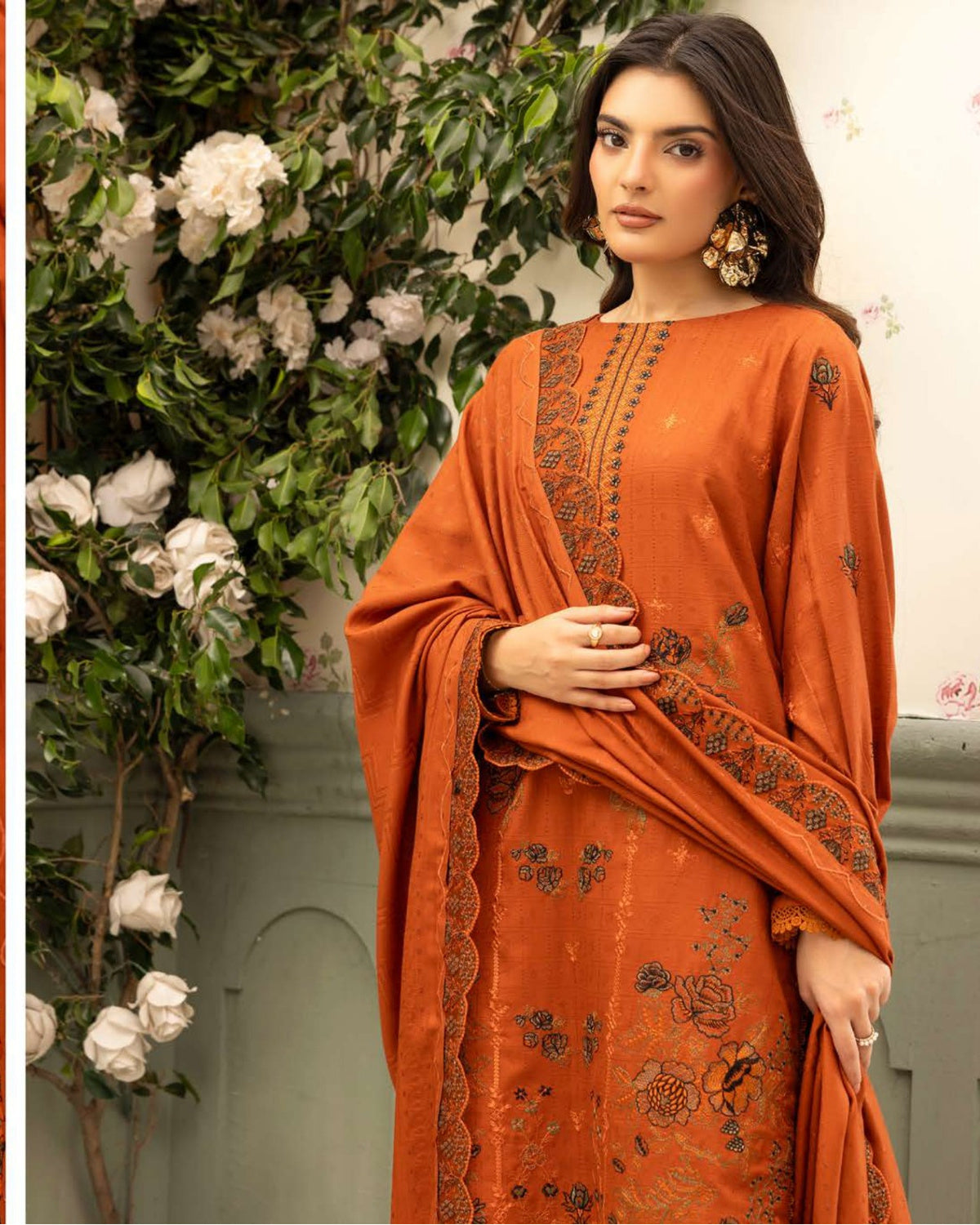 Shaista Festive Sami Peach Embroidered 3 Piece Suit with Full Embroidered Dupatta