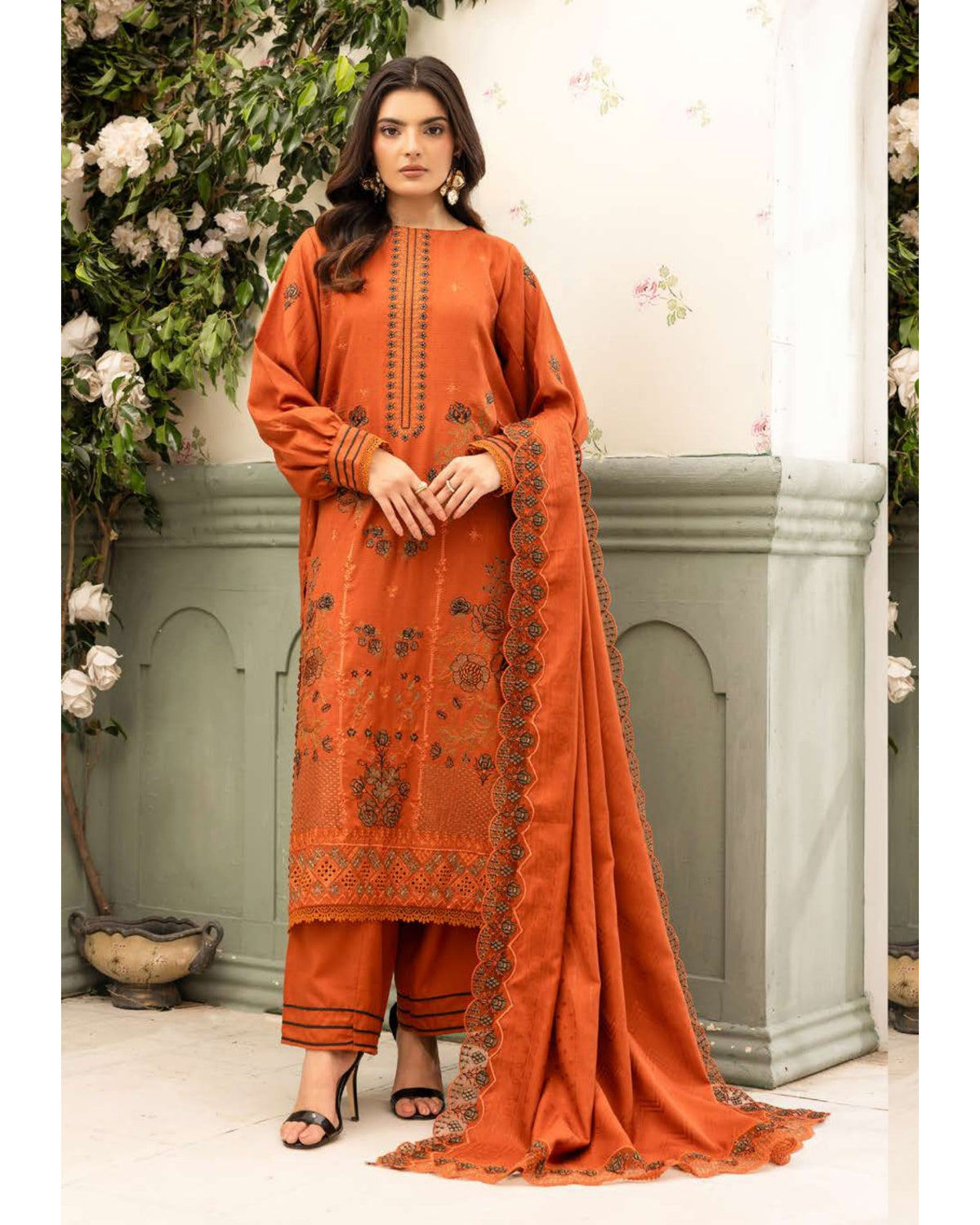 Shaista Festive Sami Peach Embroidered 3 Piece Suit with Full Embroidered Dupatta