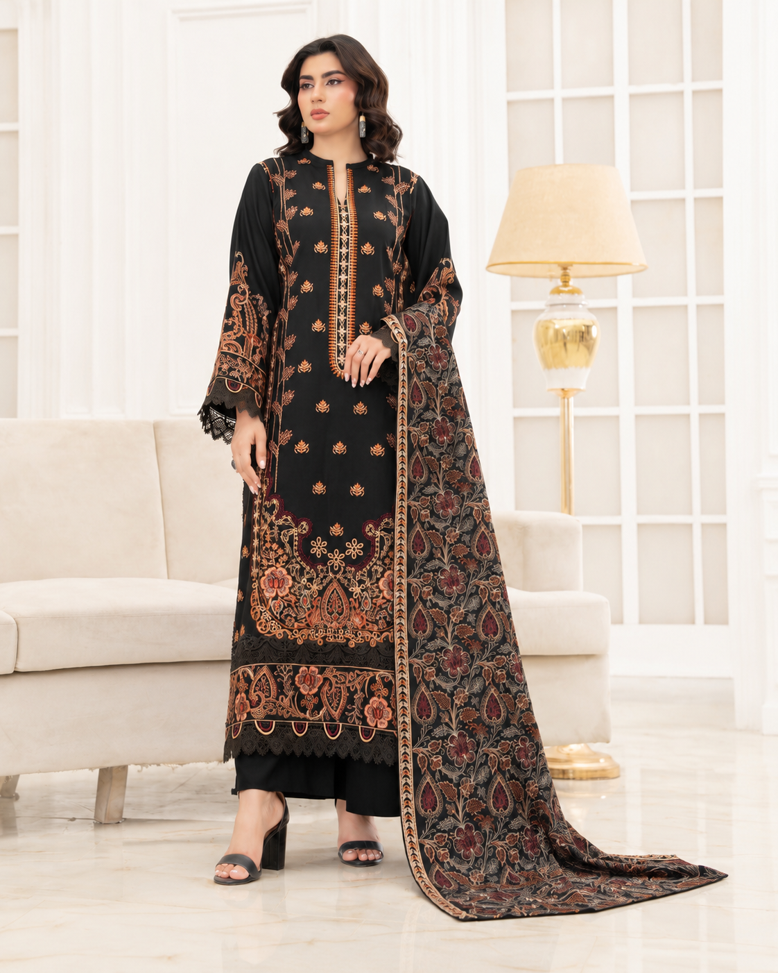Mahveen by Johra Luxury Winter Embroidered Peach Leather Suit with Wool Shawl