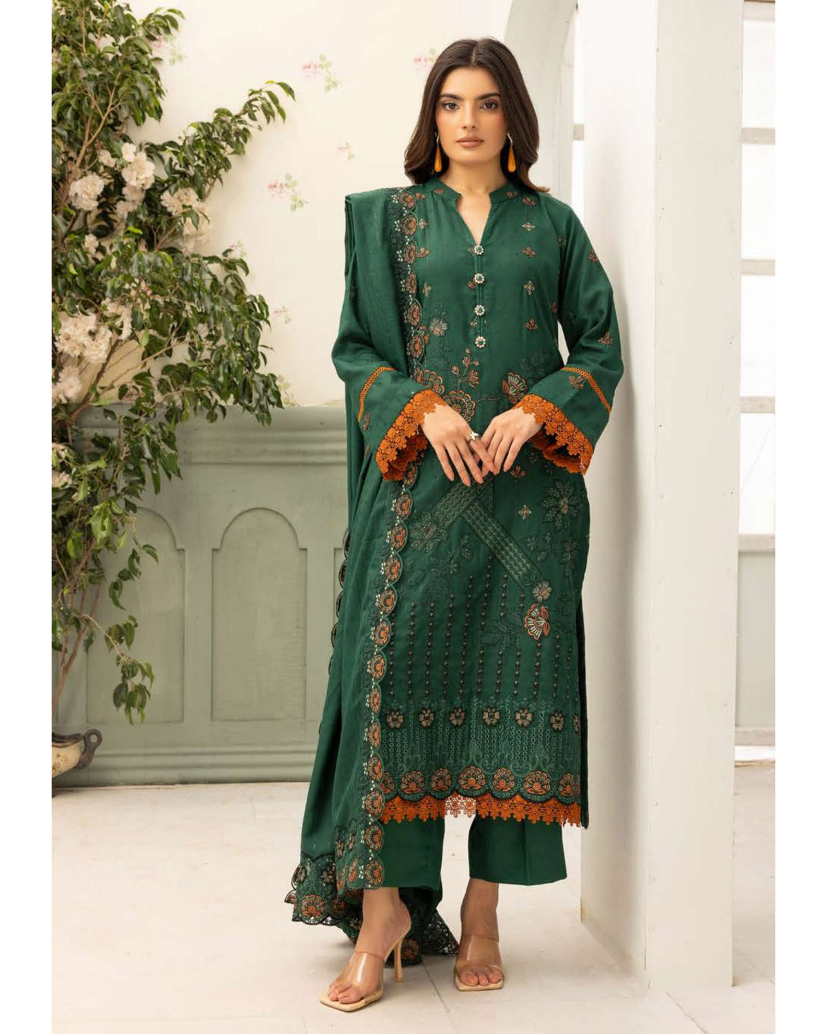 Shaista Festive Sami Peach Embroidered 3 Piece Suit with Full Embroidered Dupatta