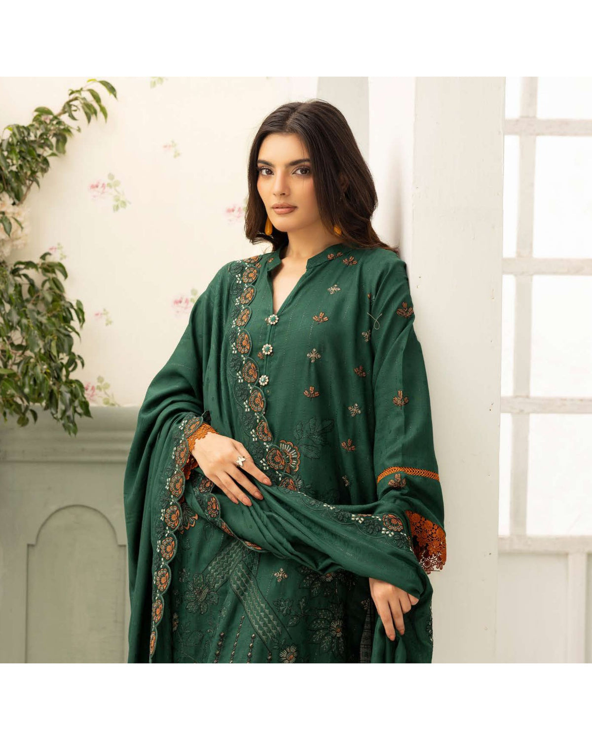 Shaista Festive Sami Peach Embroidered 3 Piece Suit with Full Embroidered Dupatta
