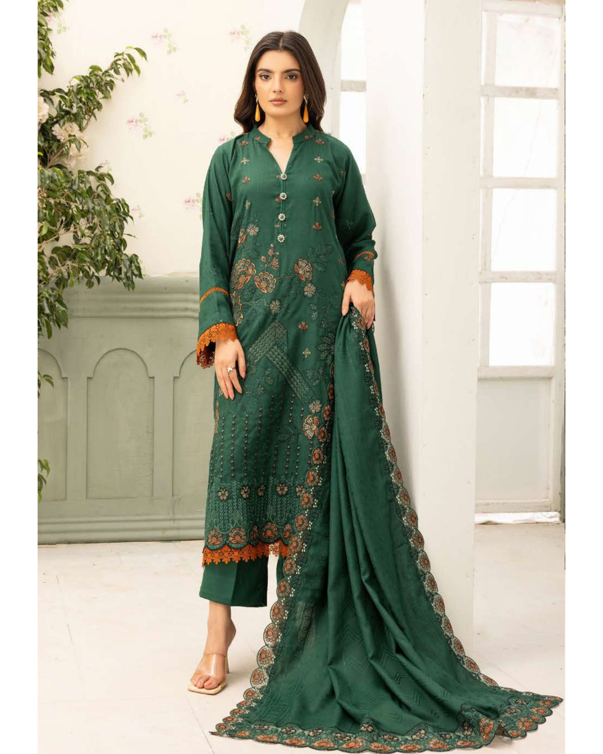 Shaista Festive Sami Peach Embroidered 3 Piece Suit with Full Embroidered Dupatta