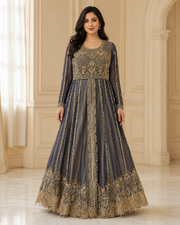 Navy Blue Open-Style Cora Dabka Maxi Dress for Wedding – Ready to Wear