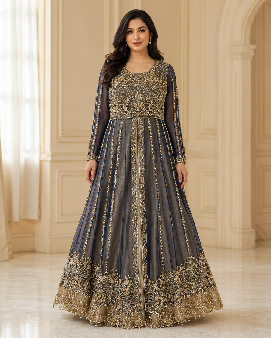 Navy Blue Open-Style Cora Dabka Maxi Dress for Wedding – Ready to Wear