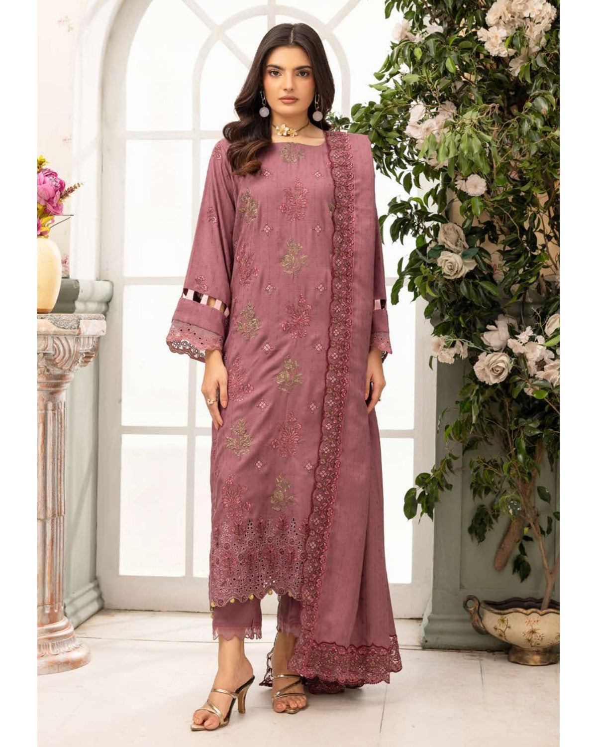 Shaista Festive Sami Peach Embroidered 3 Piece Suit with Full Embroidered Dupatta