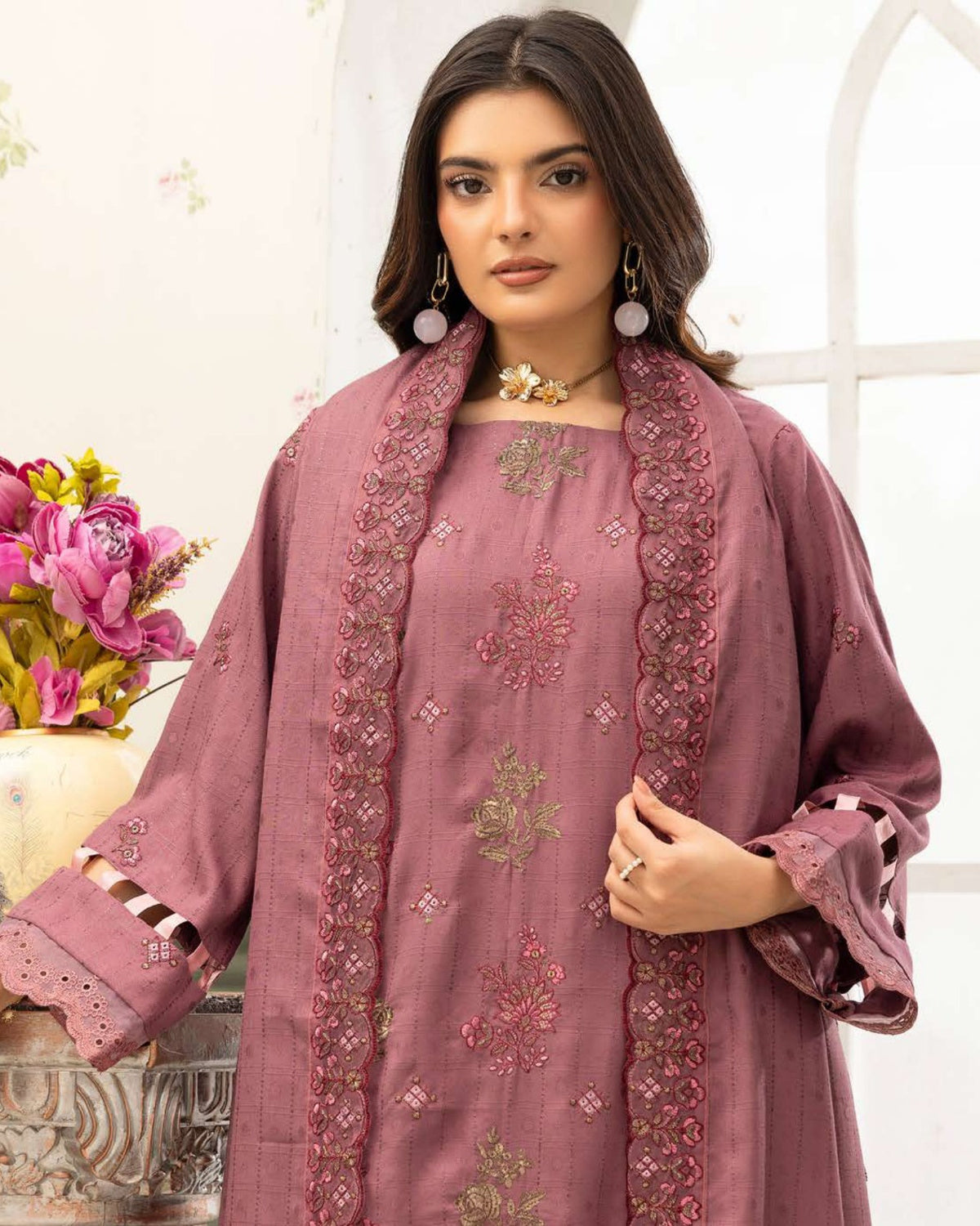 Shaista Festive Sami Peach Embroidered 3 Piece Suit with Full Embroidered Dupatta