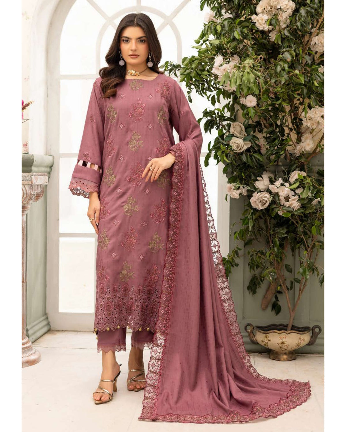 Shaista Festive Sami Peach Embroidered 3 Piece Suit with Full Embroidered Dupatta