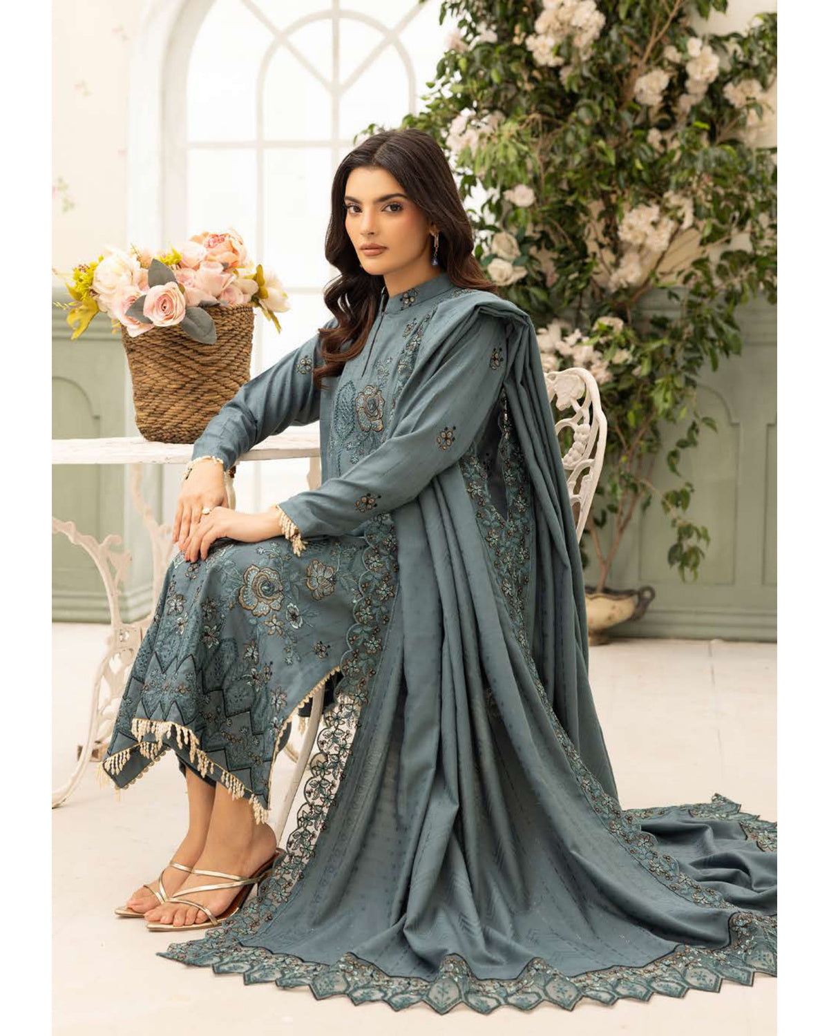 Shaista Festive Sami Peach Embroidered 3 Piece Suit with Full Embroidered Dupatta