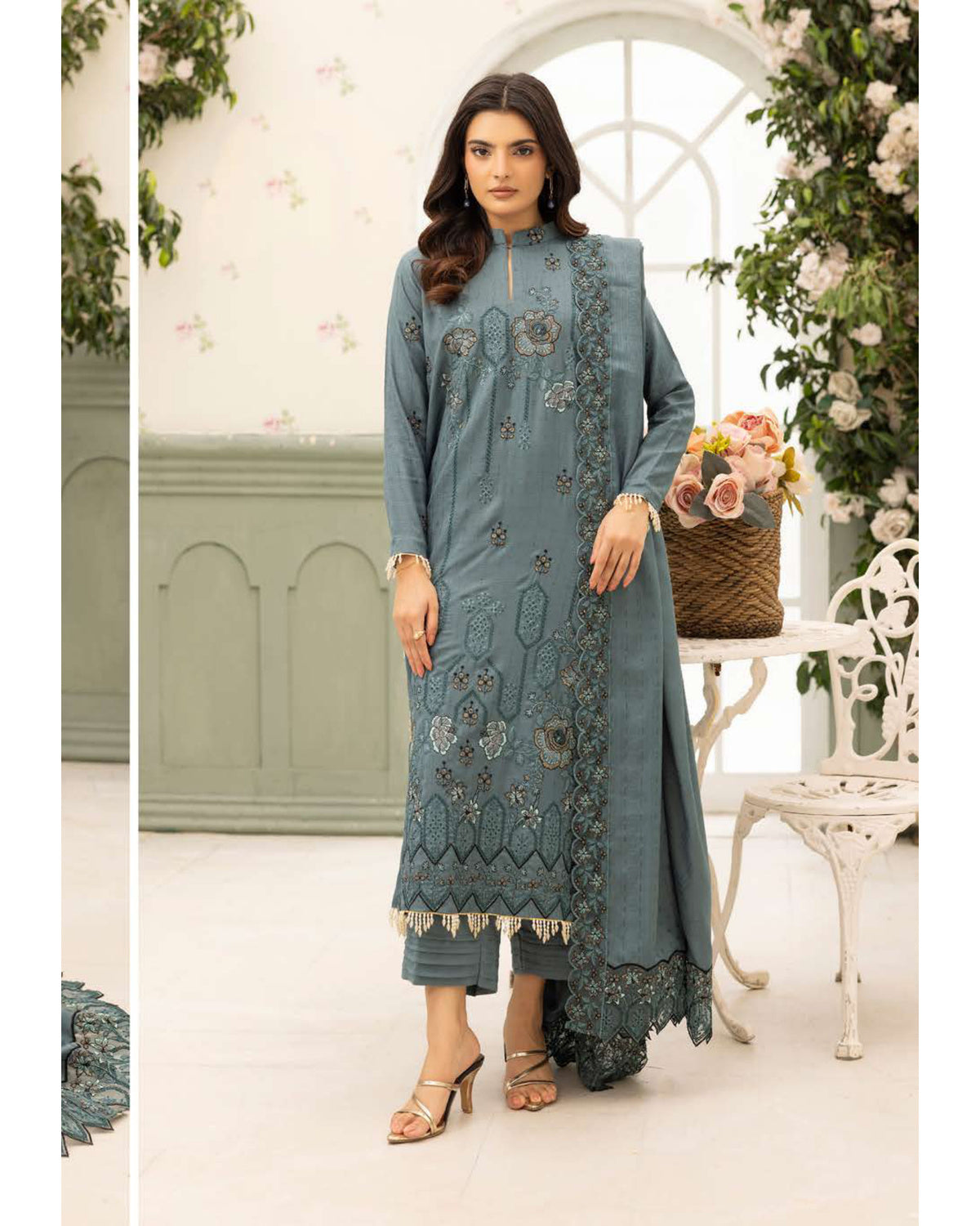 Shaista Festive Sami Peach Embroidered 3 Piece Suit with Full Embroidered Dupatta