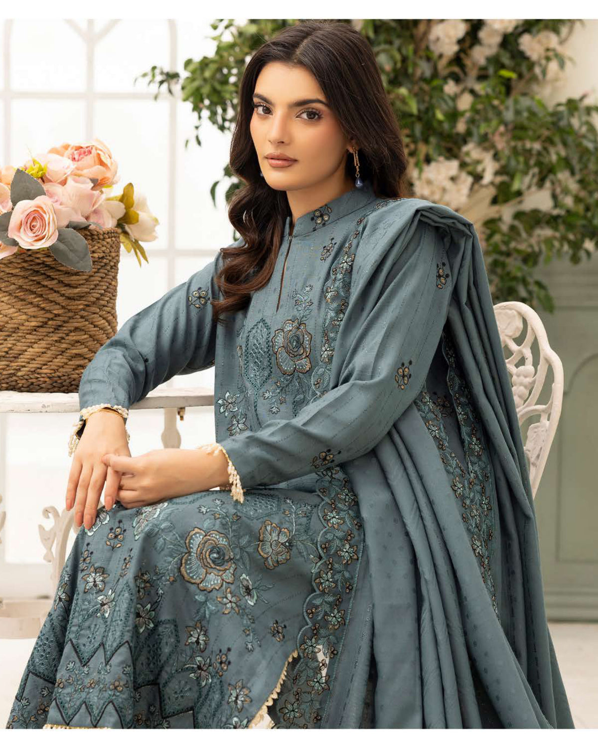 Shaista Festive Sami Peach Embroidered 3 Piece Suit with Full Embroidered Dupatta