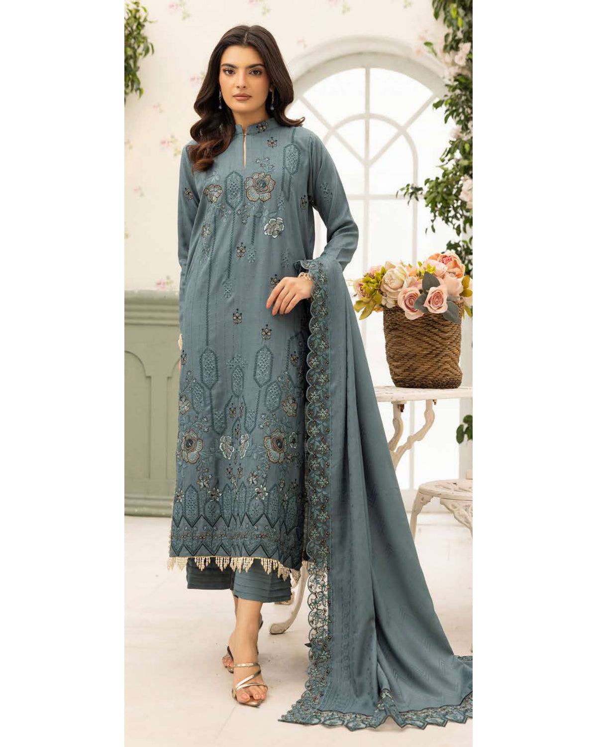 Shaista Festive Sami Peach Embroidered 3 Piece Suit with Full Embroidered Dupatta