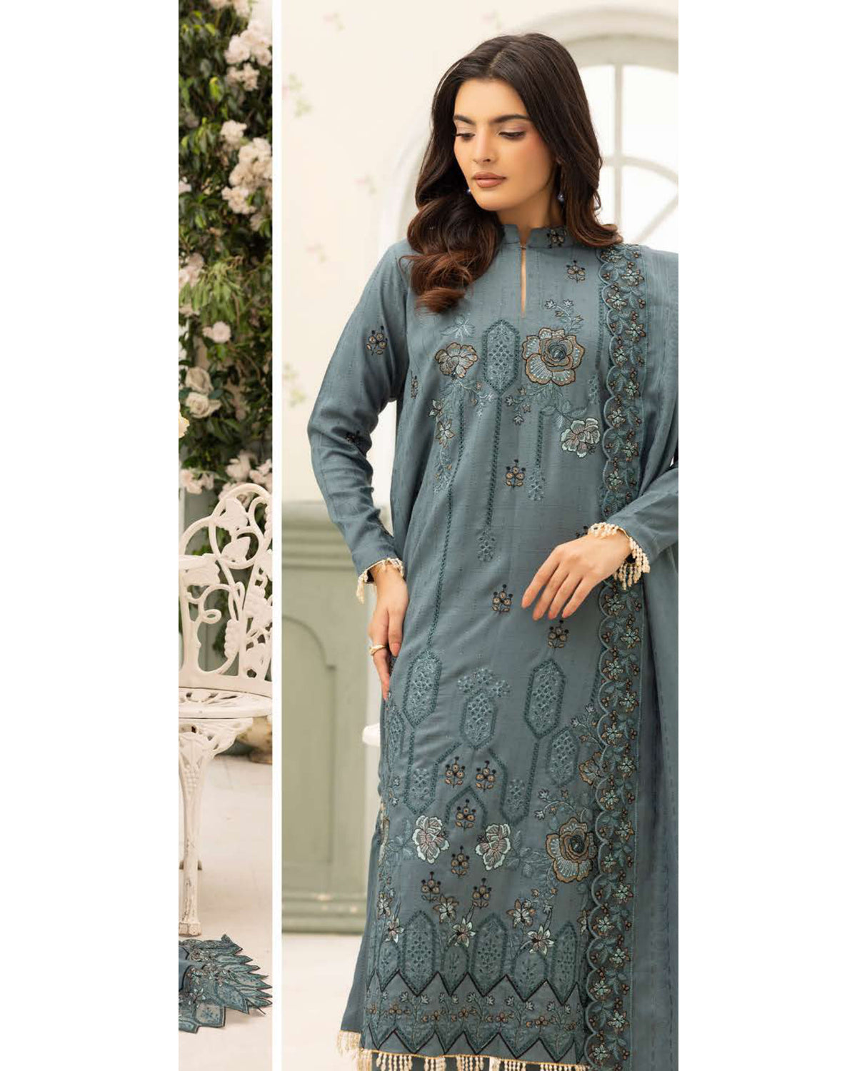 Shaista Festive Sami Peach Embroidered 3 Piece Suit with Full Embroidered Dupatta
