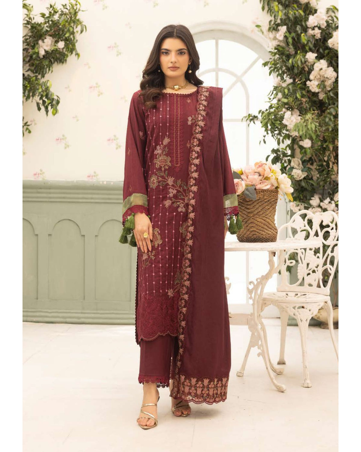 Shaista Festive Sami Peach Embroidered 3 Piece Suit with Full Embroidered Dupatta