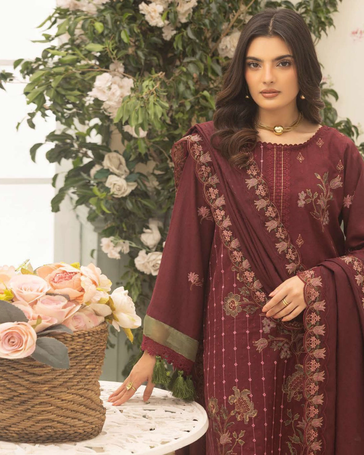 Shaista Festive Sami Peach Embroidered 3 Piece Suit with Full Embroidered Dupatta