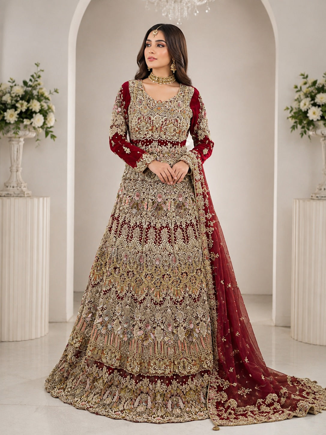 Luxury Deep Maroon Bridal Lehenga with Heavy Gold Embroidery