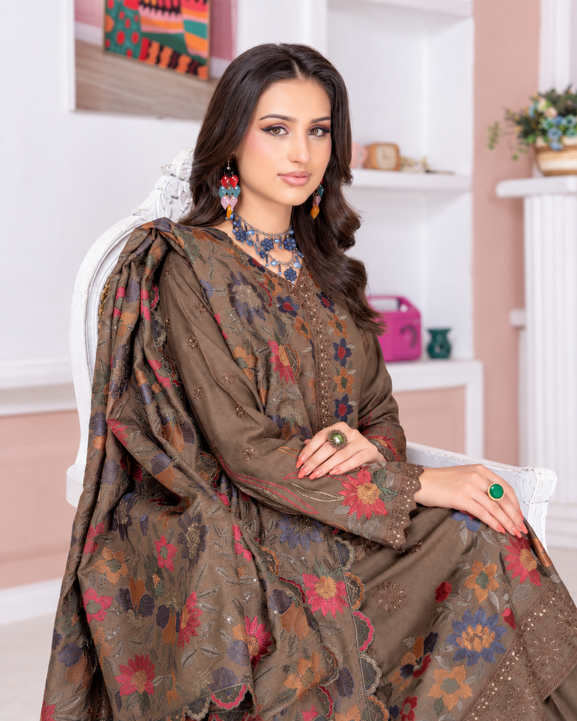 Riaz Arts Kamyar Luxury Winter Embroidered Wool Touch Peach Suit