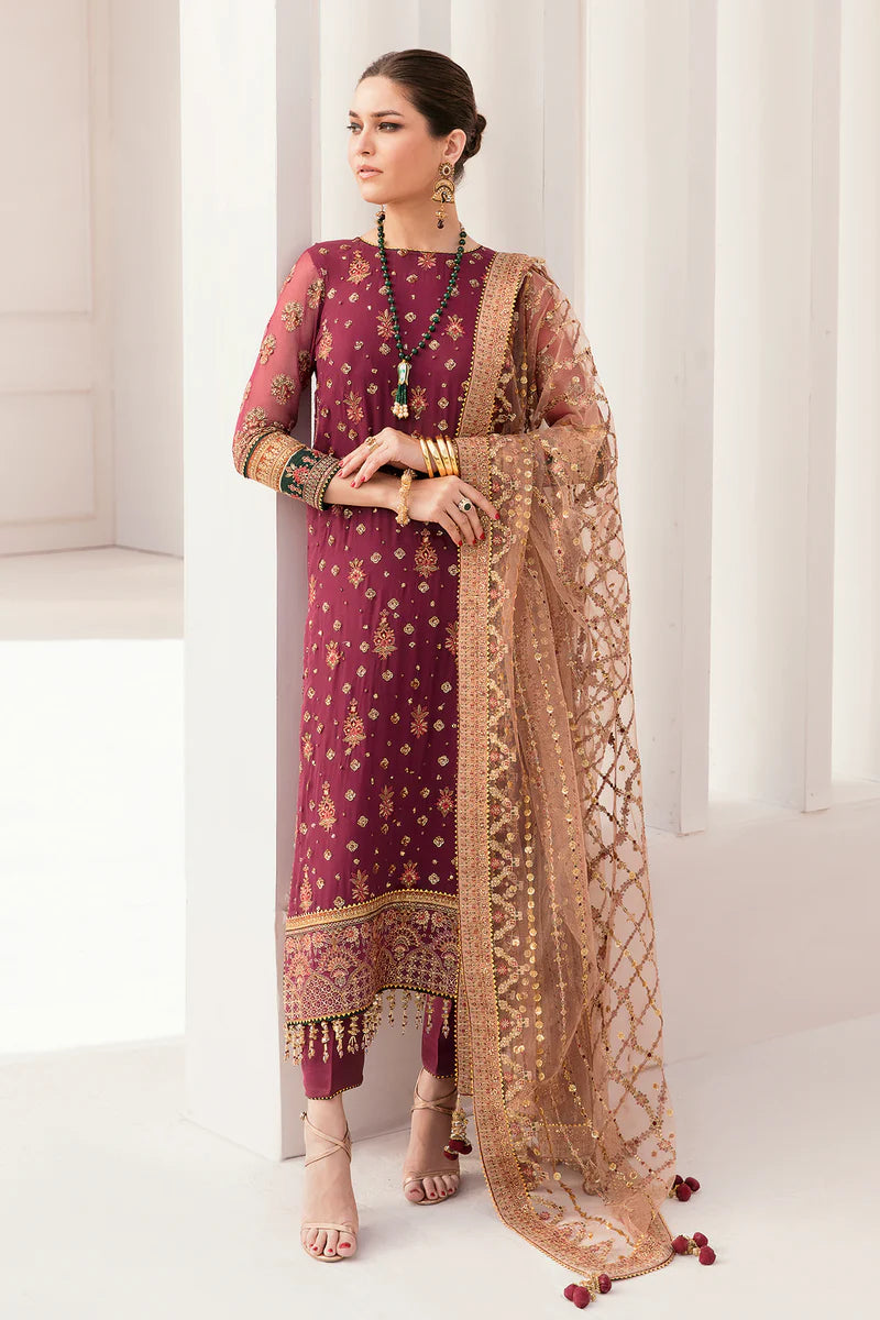 Embroidered Chiffon & Grip 8-Piece Unstitched Suit With Embroidered Net Dupatta & Dyed Silk Trousers