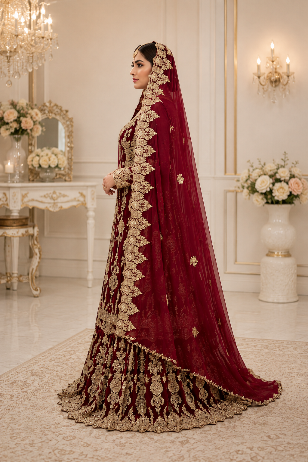 Luxury Maroon Chiffon Bridal Lehenga with Handmade Kora Dabka Work