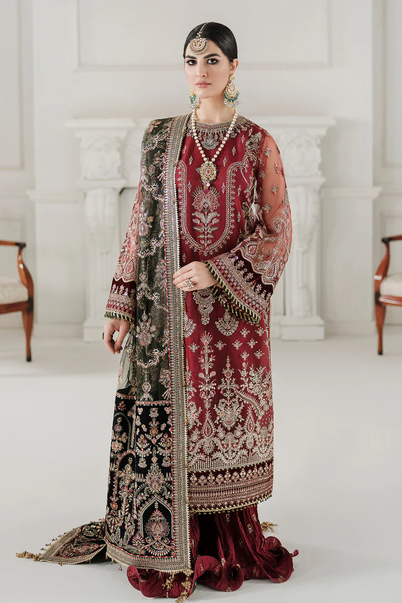 Luxury 10-Piece Embroidered Net & Velvet Unstitched Suit | Neckline Patch, Velvet Sleeve & Front Back Patches | Embroidered Net Dupatta & Silk Trouser | Premium Women's Festive Wear