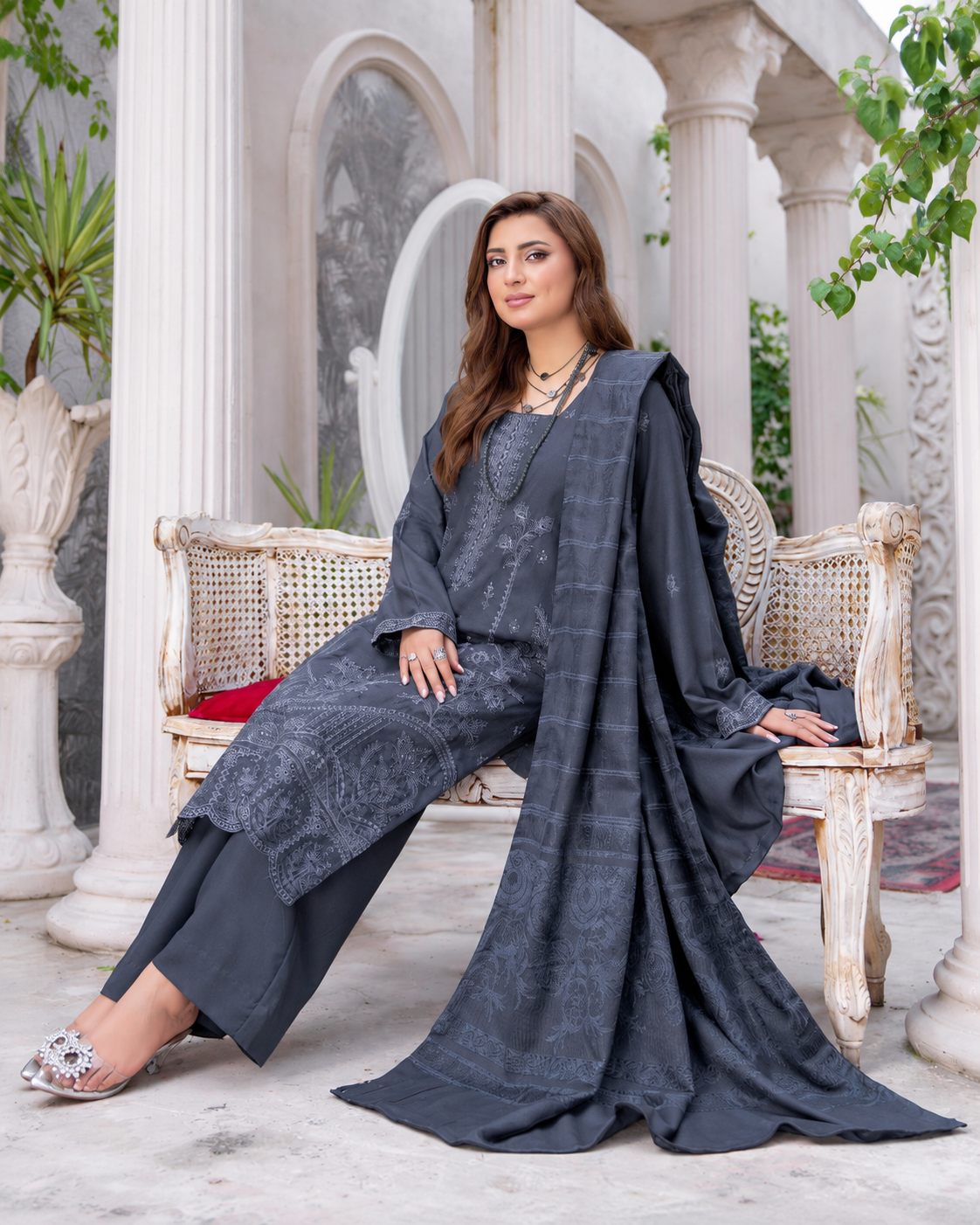 Riaz Arts Musfirah Luxury Winter Embroidered Wool Touch Peach Suit