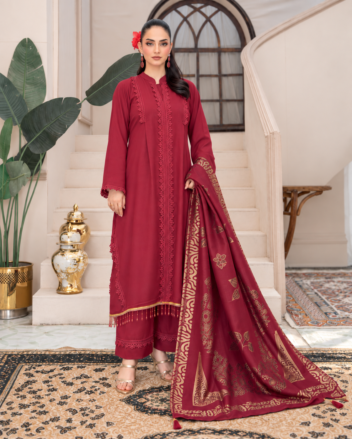 Riaz Arts Deedar Wool Touch Peach Suit with Banarsi Jacquard Wool Shawl