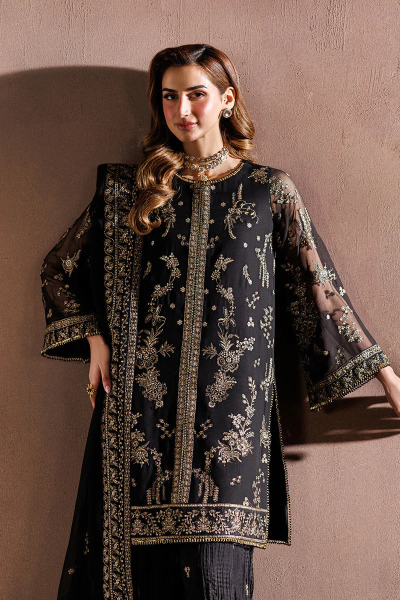 Sequins Embroidered Chiffon 2-Panel Shirt Suit with Raw Silk Trouser, Embroidered Dupatta & Laces