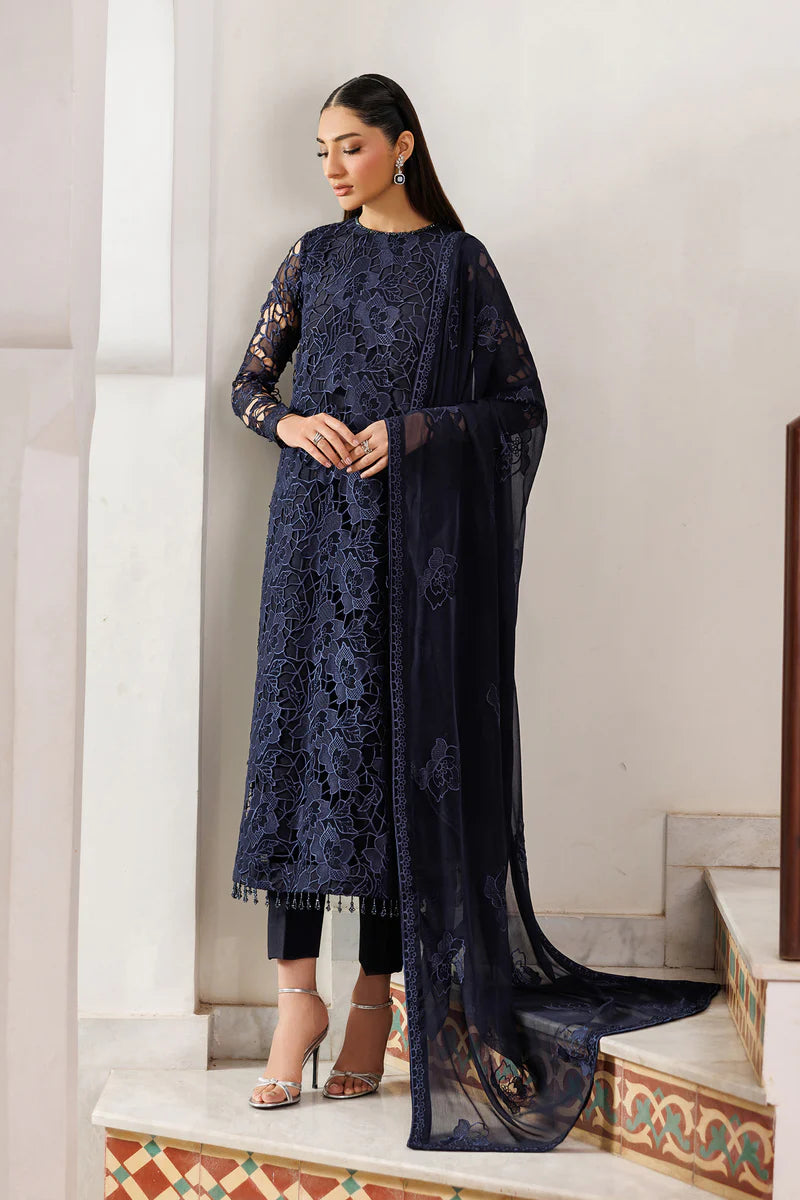 Embroidered Chiffon 3-Piece Suit | Dyed Raw Silk Trouser & Dupatta